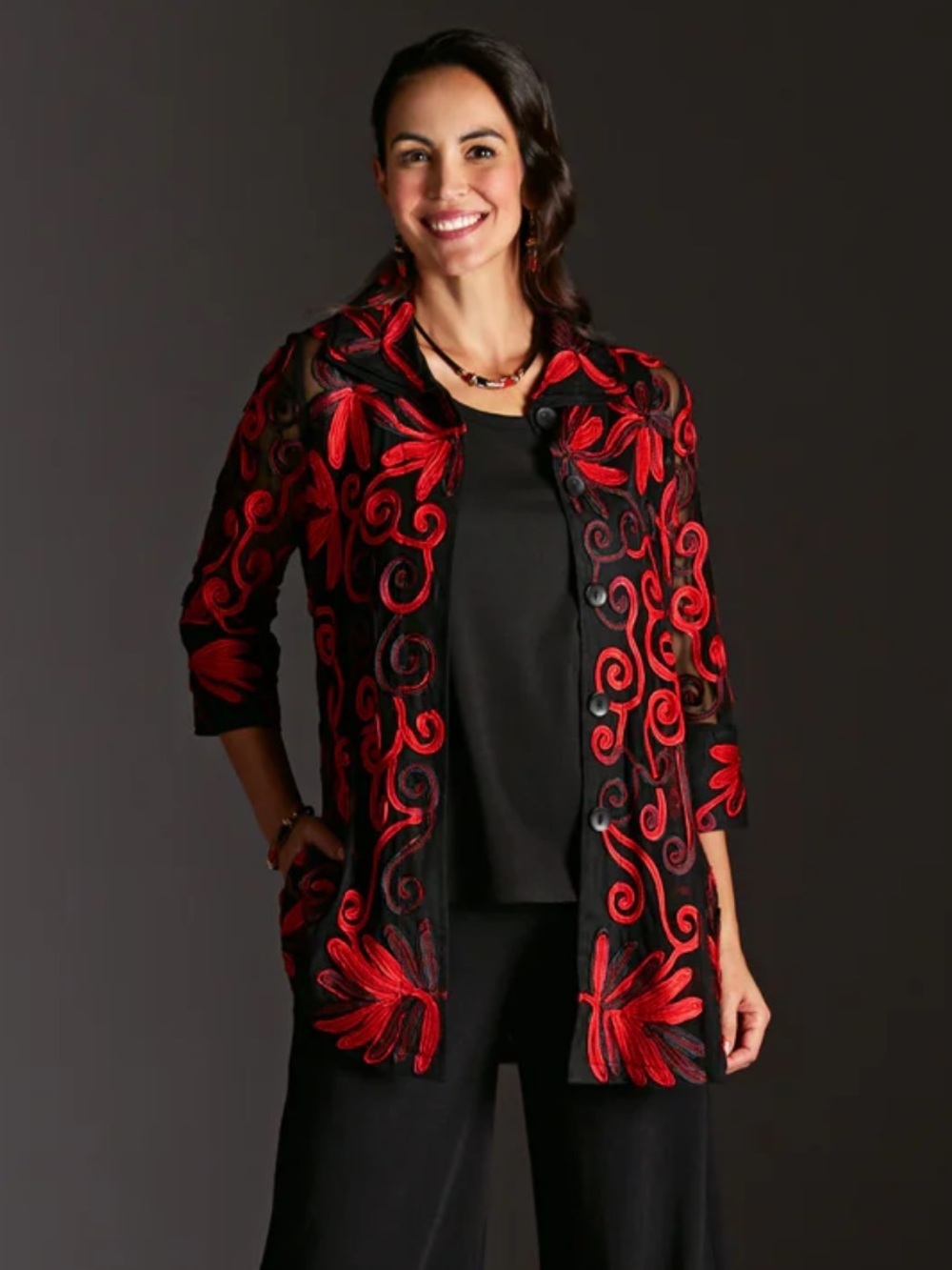 EUC Damee Women’s Soutache Swirl Jacket - Red Black Sheer size 2X